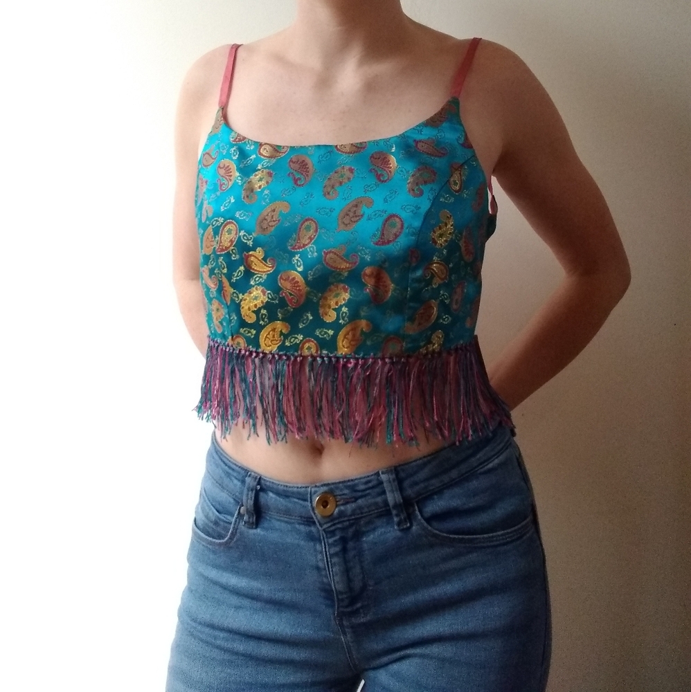 Vintage 90's Turquoise and Pink Fringe Crop Top